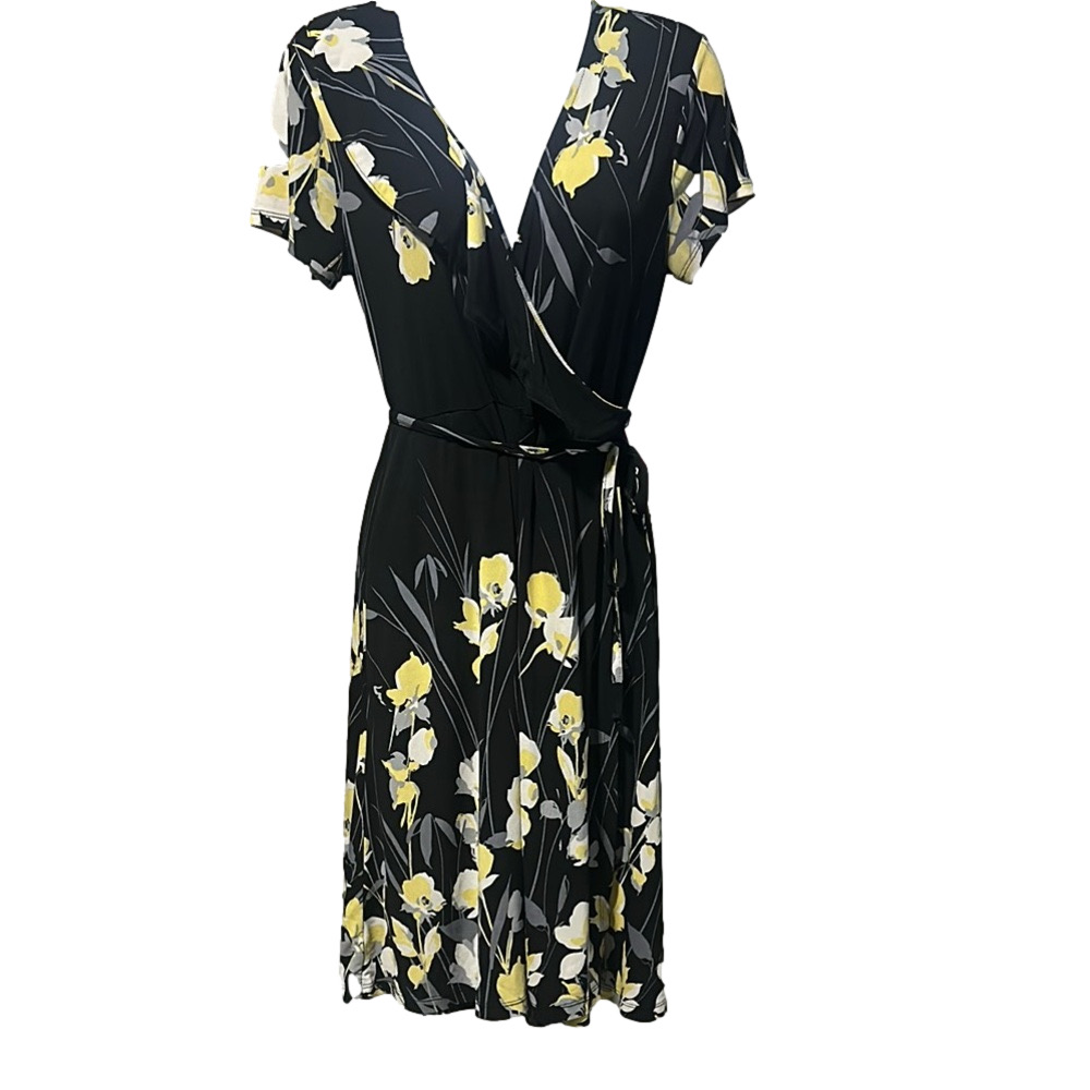 No.060 Apt. 9 Black and Yellow Flutter Sleeve 1/2 Wrap Dress